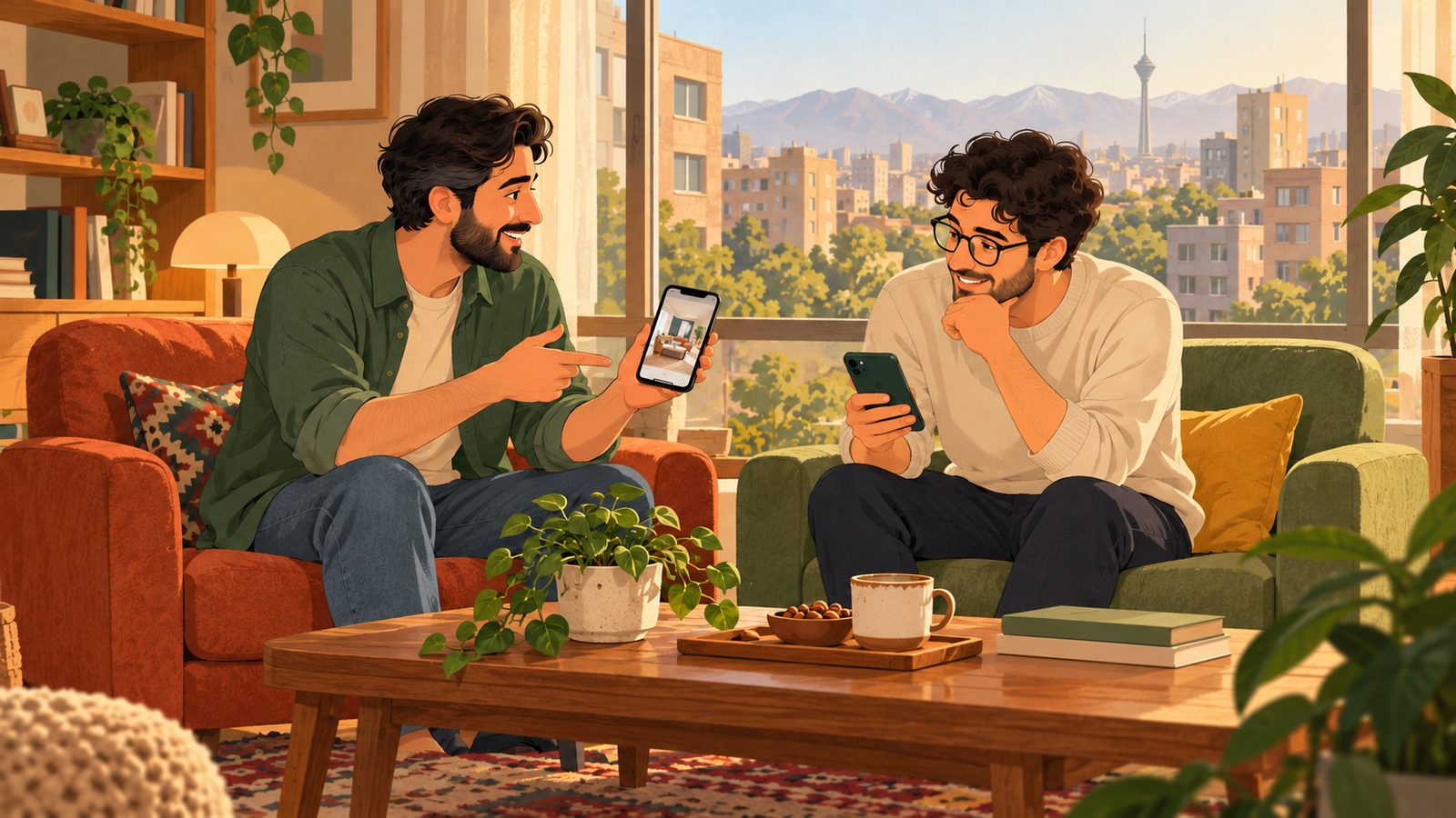 تصویرسازی دو هم‌خانهٔ مرد در آپارتمانی با چشم‌انداز تهران که با گوشی‌هایشان دربارهٔ یک آگهی اتاق صحبت می‌کنند