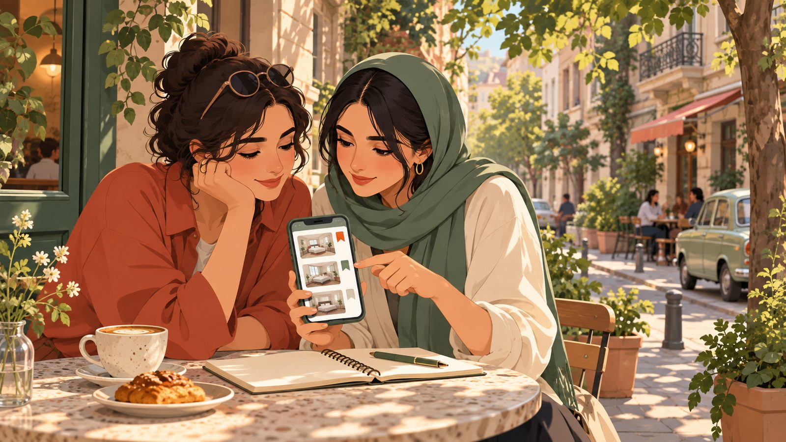 دو زن در کافه‌ای در محله‌ای درخت‌دار در تهران، در حال بررسی آگهی‌های نشان‌شده روی تلفن همراه